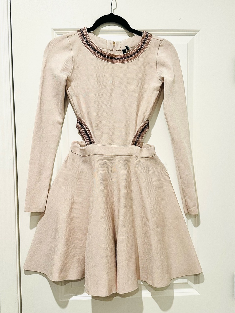 Guess by Marciano Blush Beige Long-Sleeve Fit-and-Flare Dress with Beaded Trim